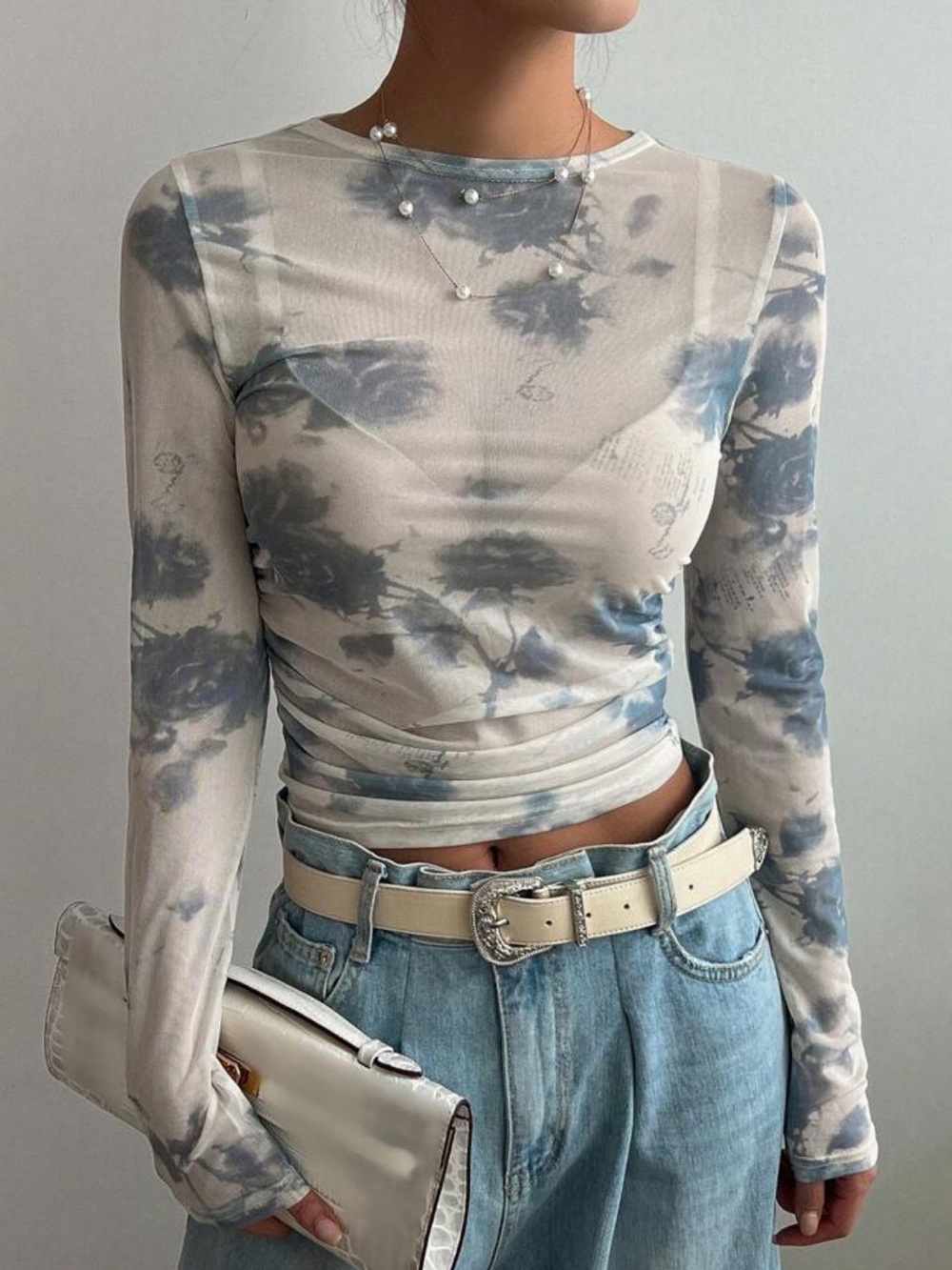 Blue Floral Long-Sleeve Sheer Crop Top